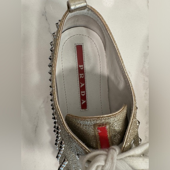 Prada Studded Gold Glitter Tennis Shoes - Size 38 - Picture 2 of 4